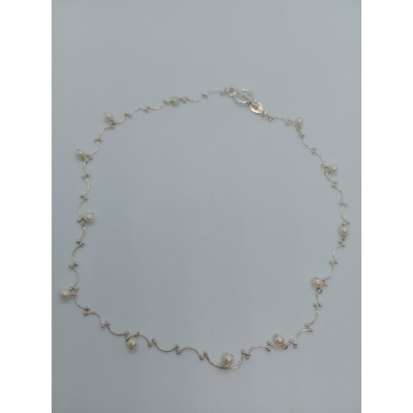 Vintage Signed Carolee Faux Pearl Silver Tone Link 16" Chain Necklace - Picture 2 of 6